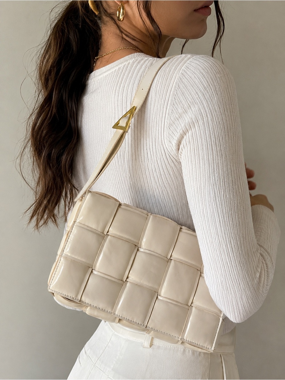 Cream woven padded shoulder bag quiet luxury minimalist purse